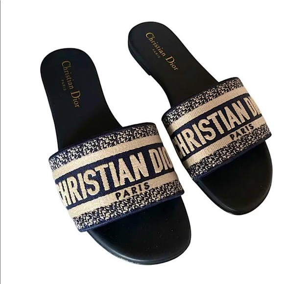 Dior Shoes - Firm CHRISTIAN DIOR
Canvas Embroidered Dway Mules Slide Sandals  Deep Blue